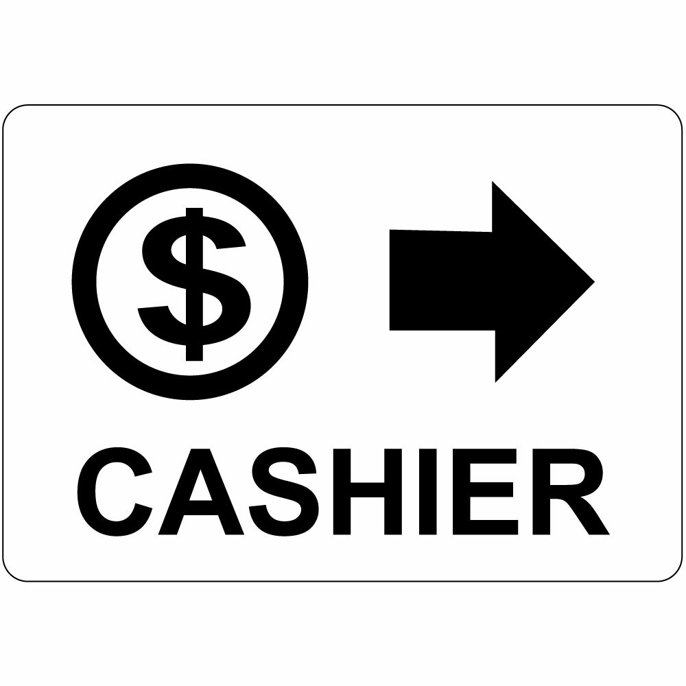 Horizontal Metal Sign Multiple Sizes Cashier Black on White W Symbol Right Arrow