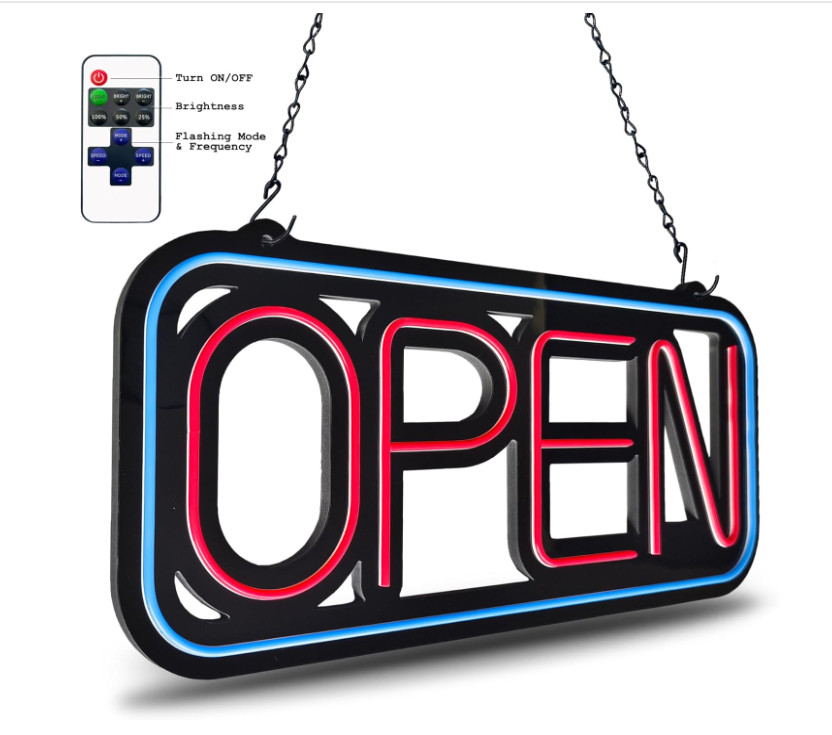 Bright LED Open Sign for Business – 32×16 Inch with Remote & Flashing Mode