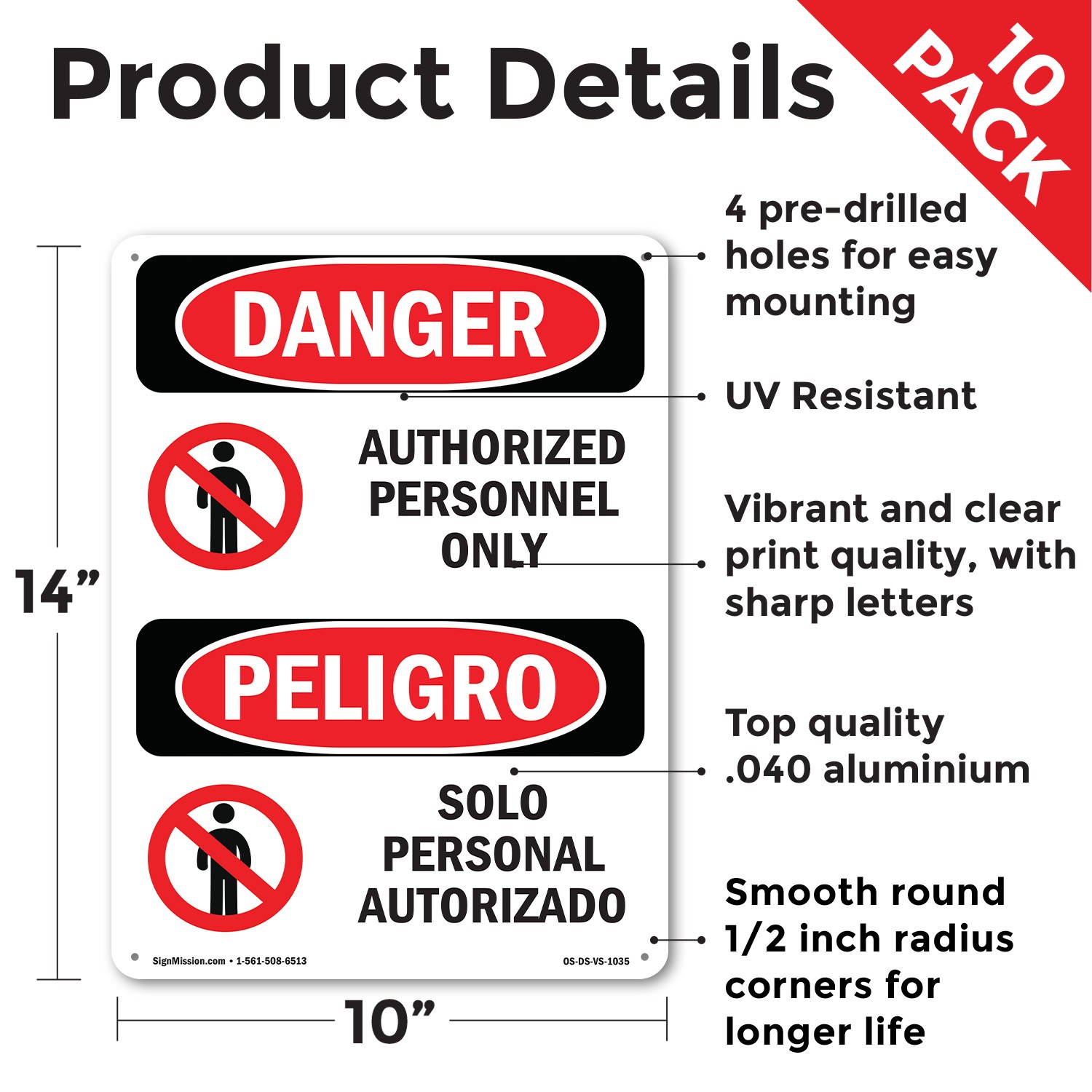 Authorized Personnel Only Bilingual OSHA Danger Sign Or Decal – 5 or 10 Pack