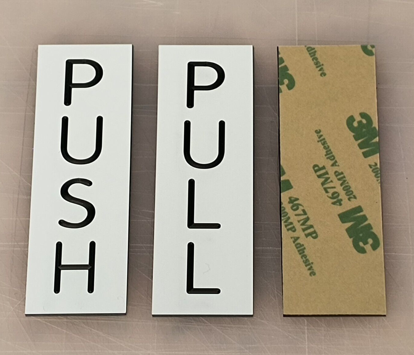 pair – Engraved PUSH and PULL White 3×1 Vertical Door Signs w/ Adhesive Backing