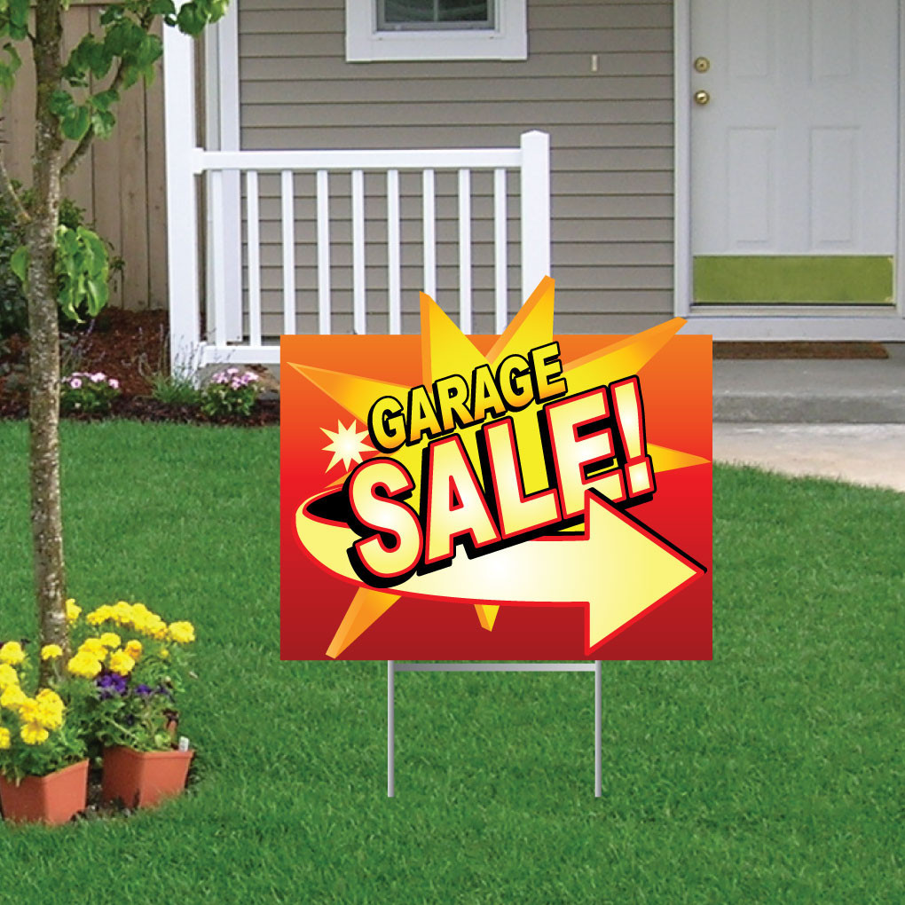 Die Cut Garage Sale Yard Sign Set of 2 – 18″x24″ & 4 EZ Stakes for Display