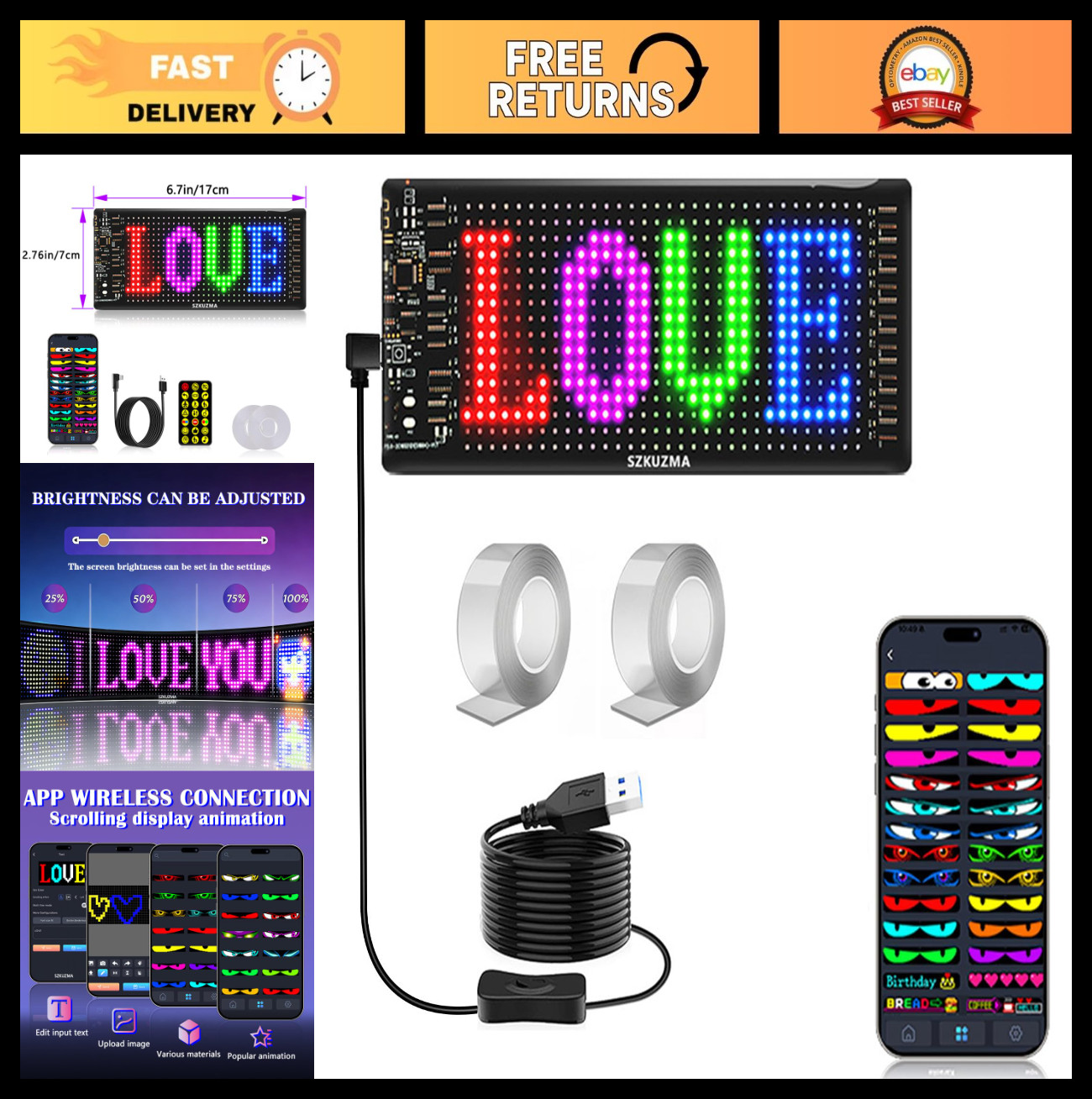 Programmable LED Matrix Sign Panel 7″x3″ – Mini Display for Car & Desk Use