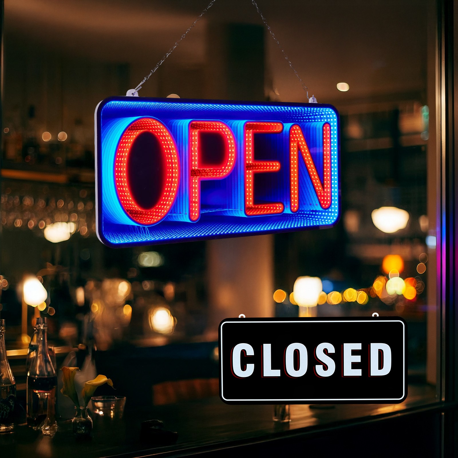 Open & Closed Neon Signs Double-Sided 3D Mirror LED Hanging Billboard Store Bar