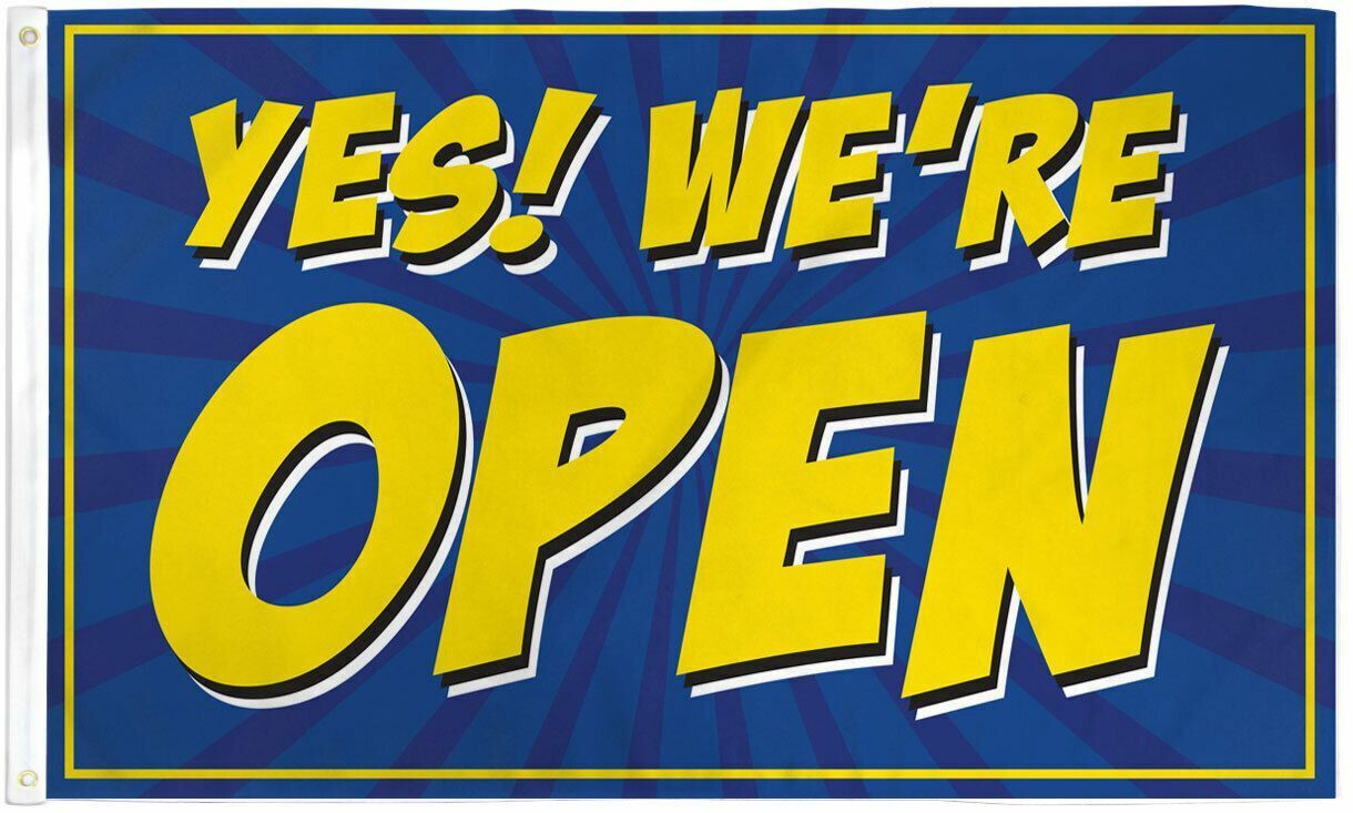 YES! WE’RE OPEN Advertising Flag Banner Sign 3×5 ft Business Store Blue 100D