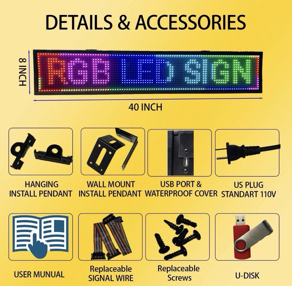 P6 LED Sign 40″X8″ Scrolling Display Board Outdoor RGB 7-Color Programmable