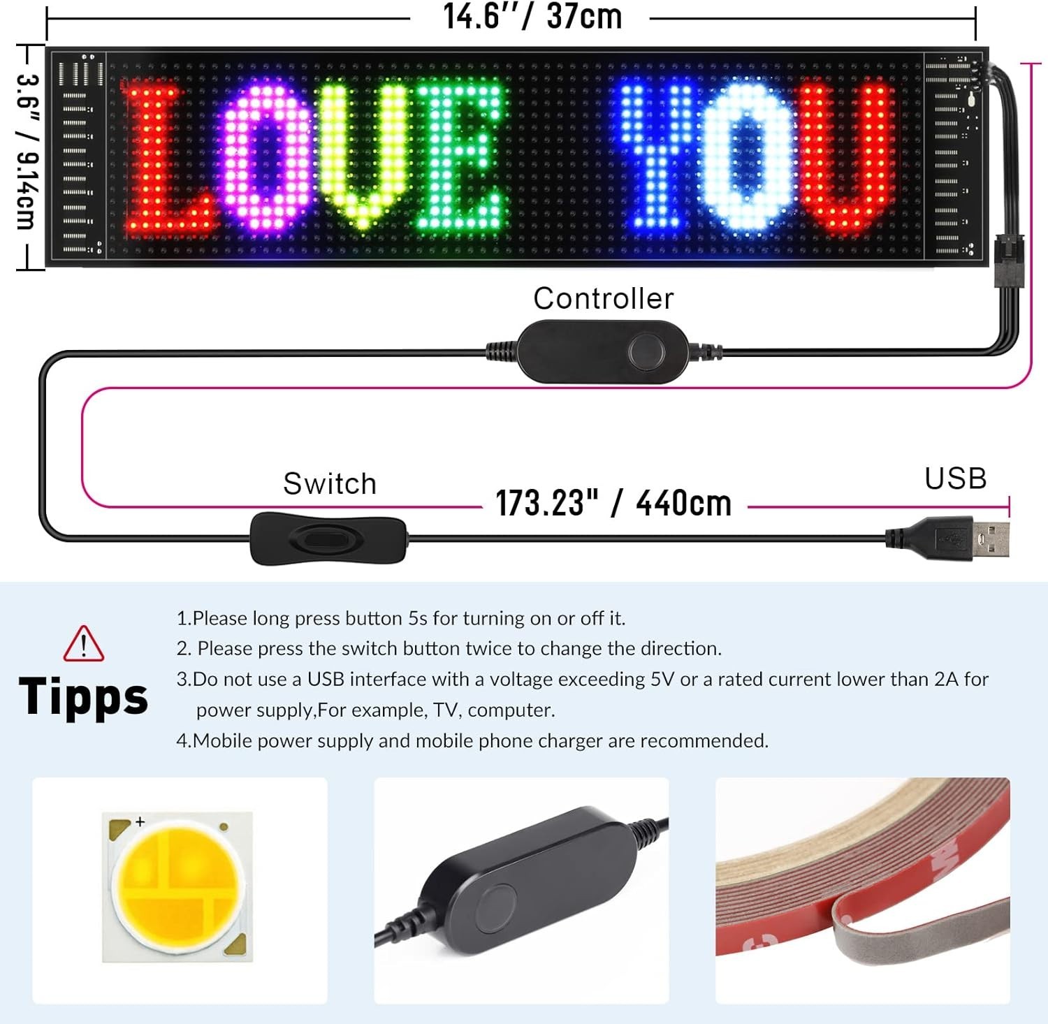 Attention-Grabbing 15”x4” LED Banner with App Control – Ideal for Advertising