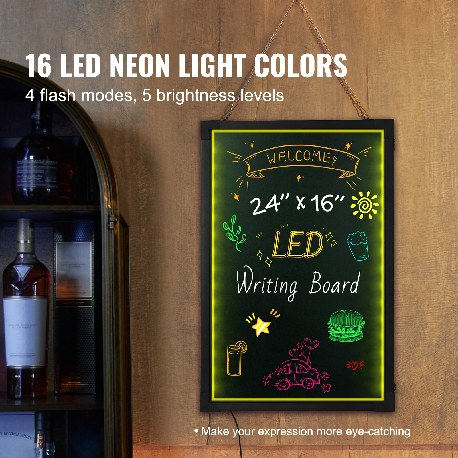 VEVOR LED Message Writing Board 24″x16″ Illuminated Erasable Lighted Chalkboard
