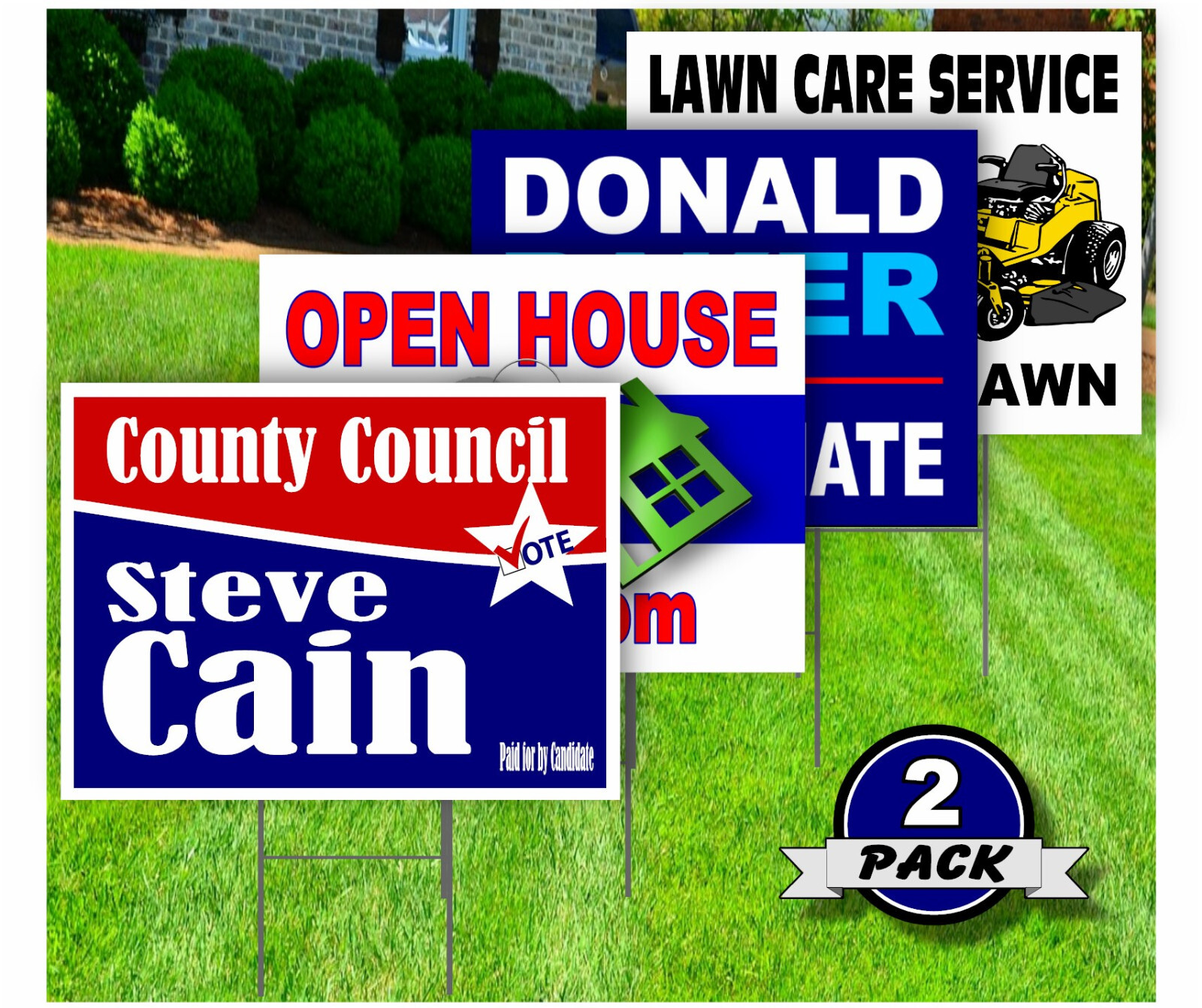 2 Pack – Custom Yard Signs-18×24-Full Color Design-Double Sided-Stakes Optional