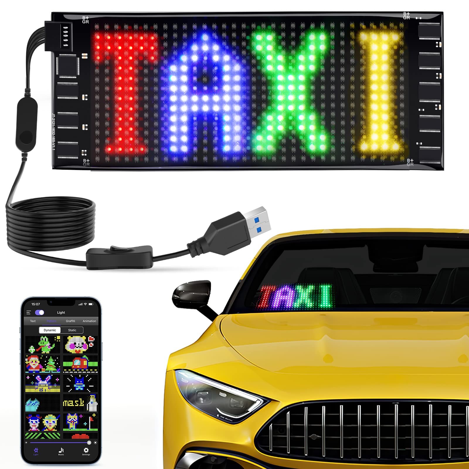 KJOY Mini LED Car Signs, 6.7”x2.76” Flexible USB 5V LED Digital Sign Blueto…