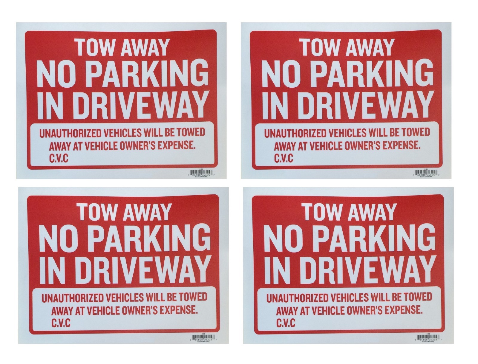 4pc Tow Away No Parking In Driveway Sign 9″x12″ Red flexible plastic – 4 Sing