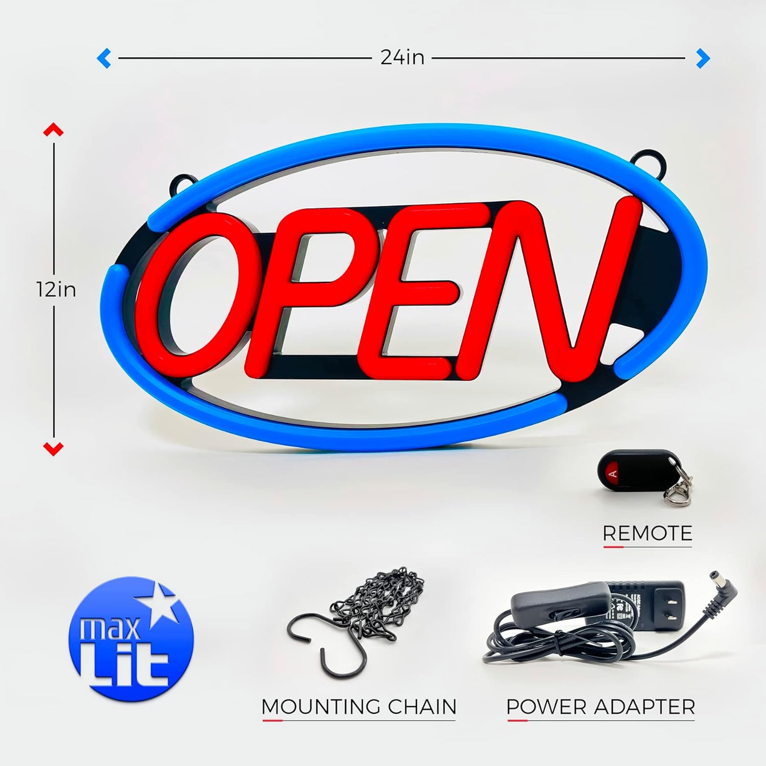 23″ x 12″ Ultra Bright Oval OPEN Sign – Remote Controlled Blue/Red Lights