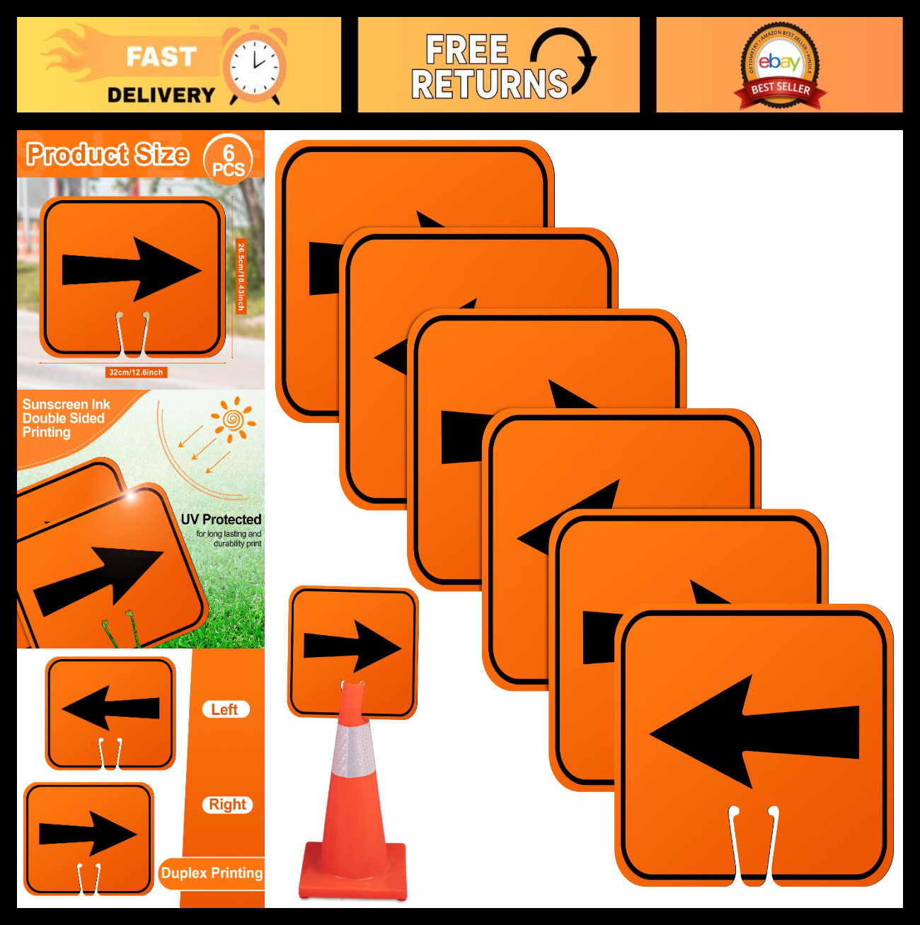 6 Pcs Traffic Arrow Detour Signs – Orange Directional Arrows for Road Barricade