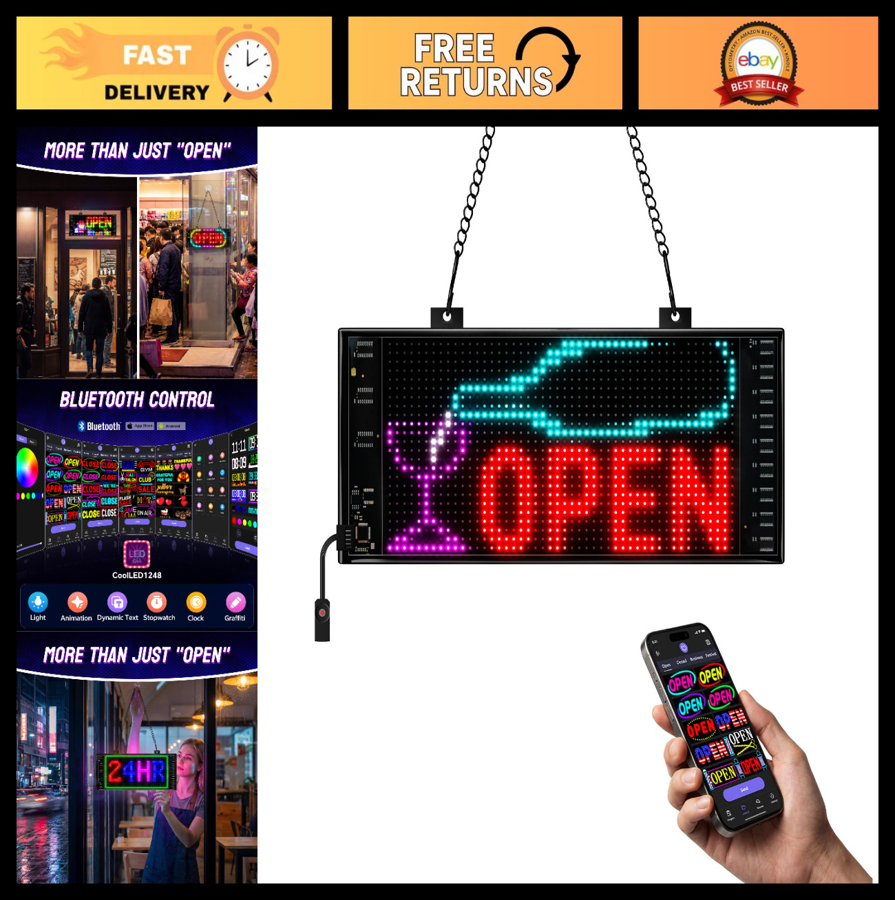 Programmable LED Open Sign – Dynamic & Static Effects, Bluetooth Control for Bus