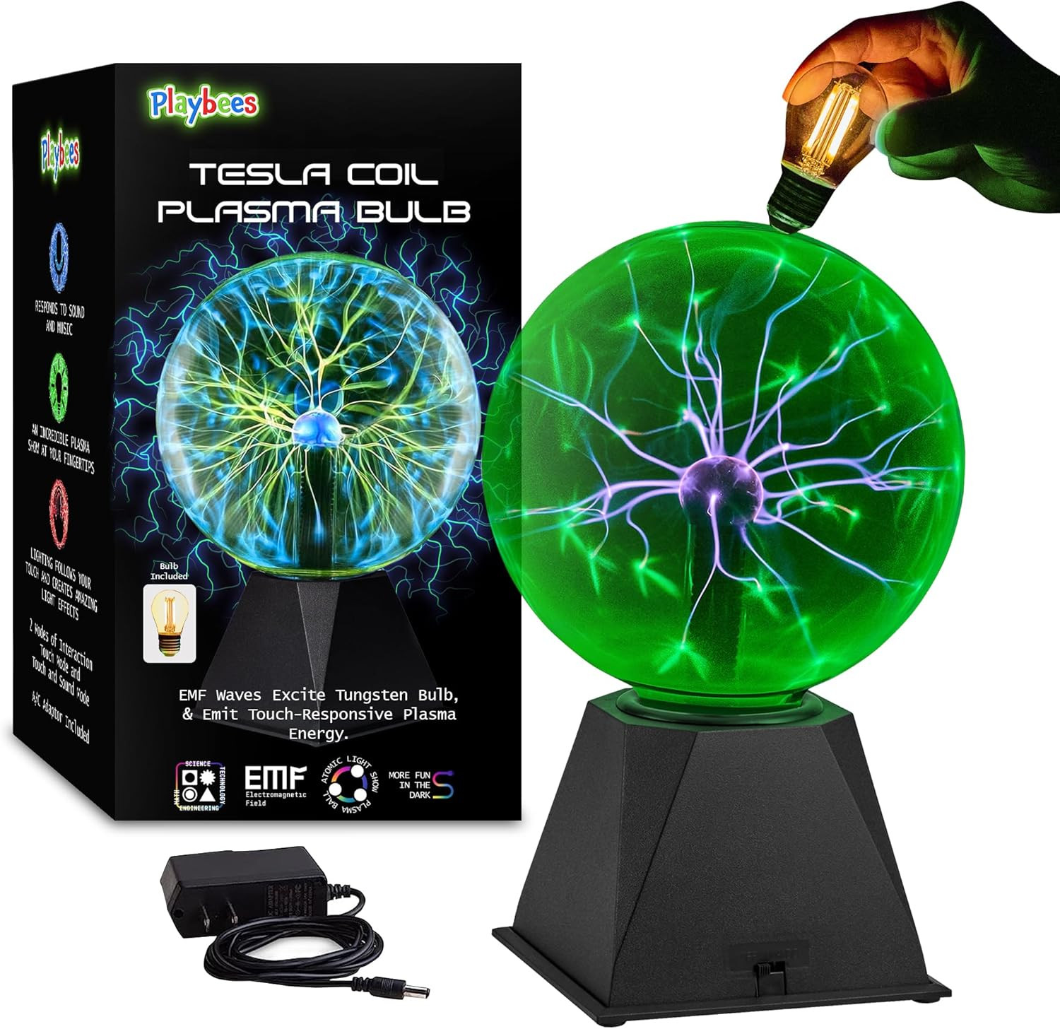 Green Plasma Ball – 7 Inch – Tesla Coil Bulb Static Electricity in a Vacuum Pres