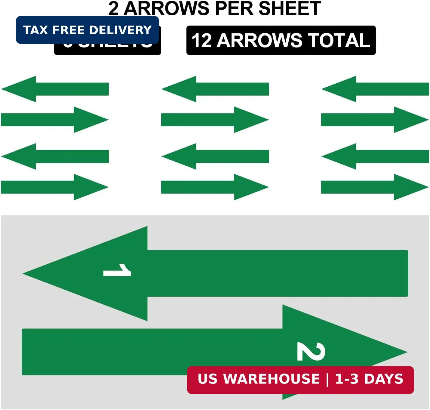 8 x 2 inch Green Arrow Sign Stickers, 12 Pack Waterproof PVC Removable Self Adhe