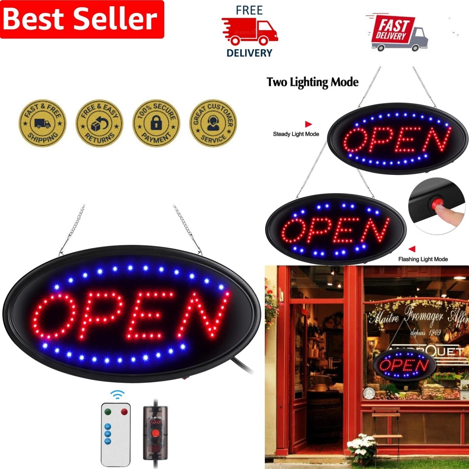 Attractive LED Open Sign with Flashing & Steady Modes – 19×10 for Store or Cafe