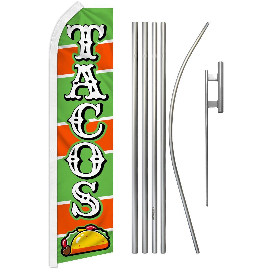 “TACOS” Advertising Super Flag & Pole Kit food comida taqueria green/orange