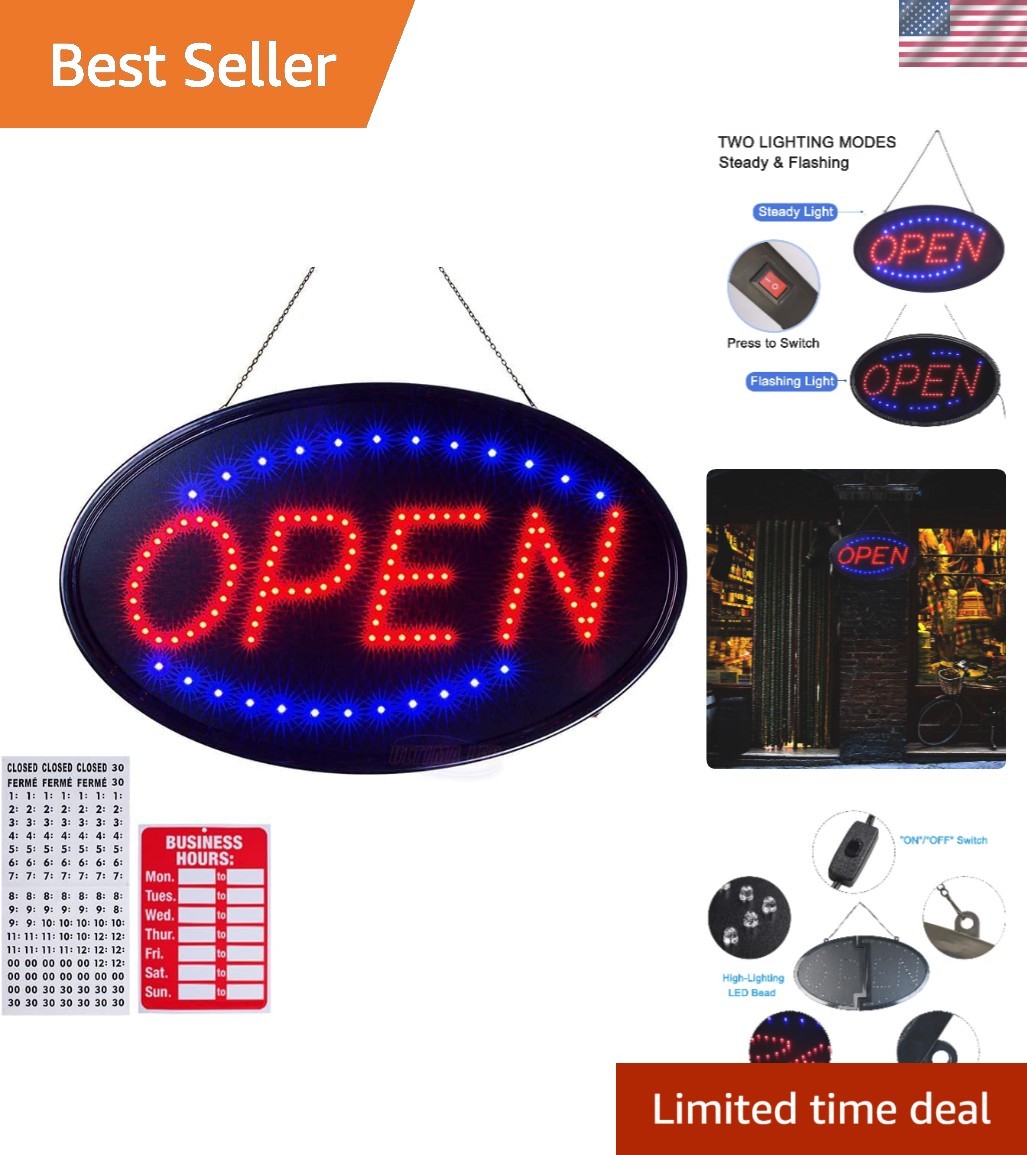 Wall-Mounted 19″x10″ LED Open Sign with Stainless Steel Chain for Easy Setup