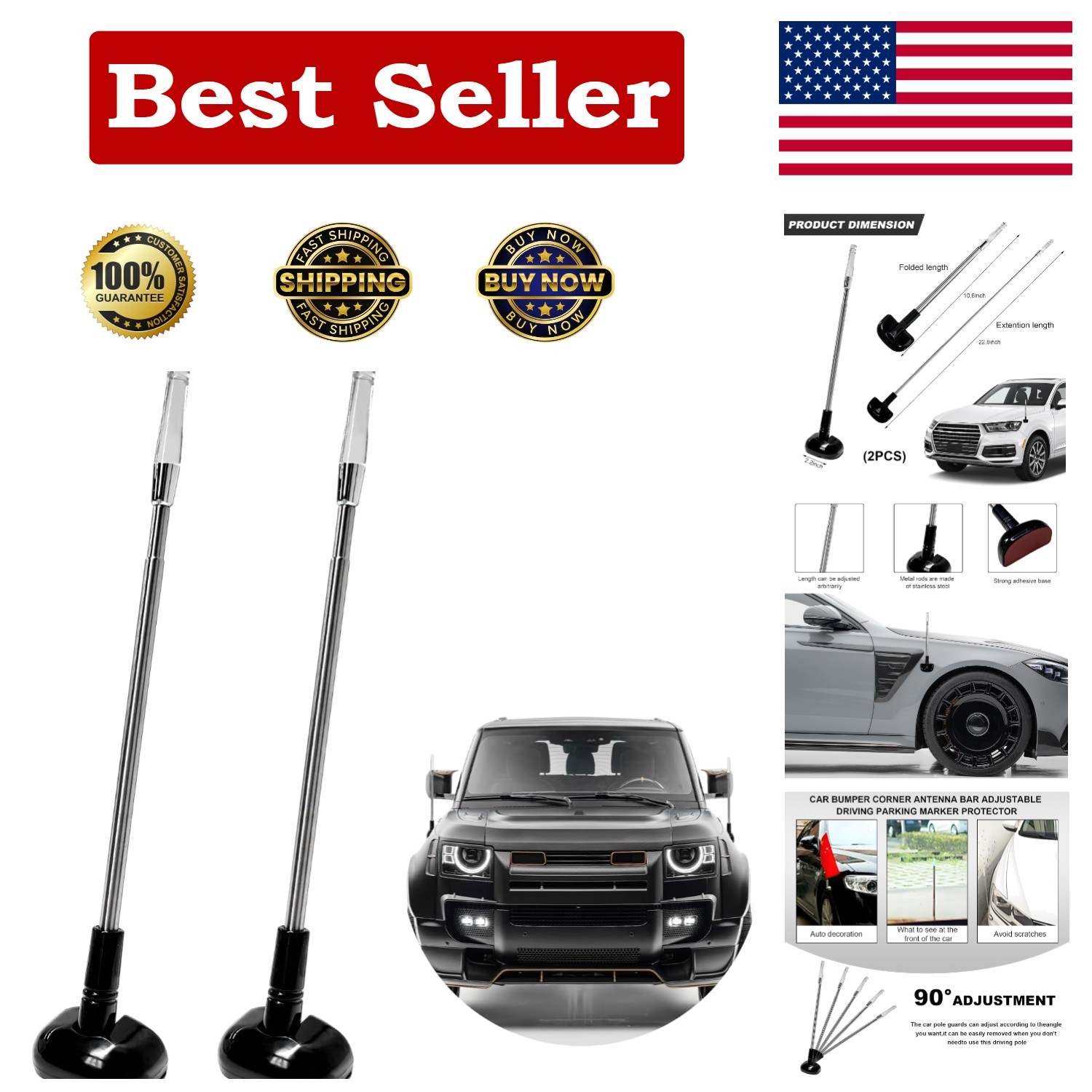 Car Bumper Corner Antenna Pole Adjustable Chrome Poles Set 11x2x1.5 in 2 Pk