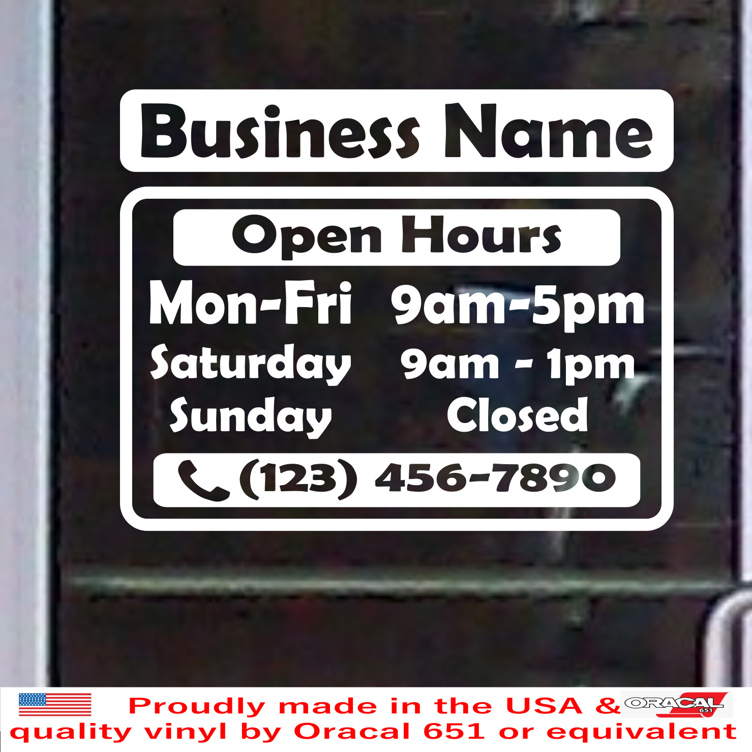 Custom BUSINESS Vinyl Window Decal Store Shop Name OPEN HOURS Sign Door BS026