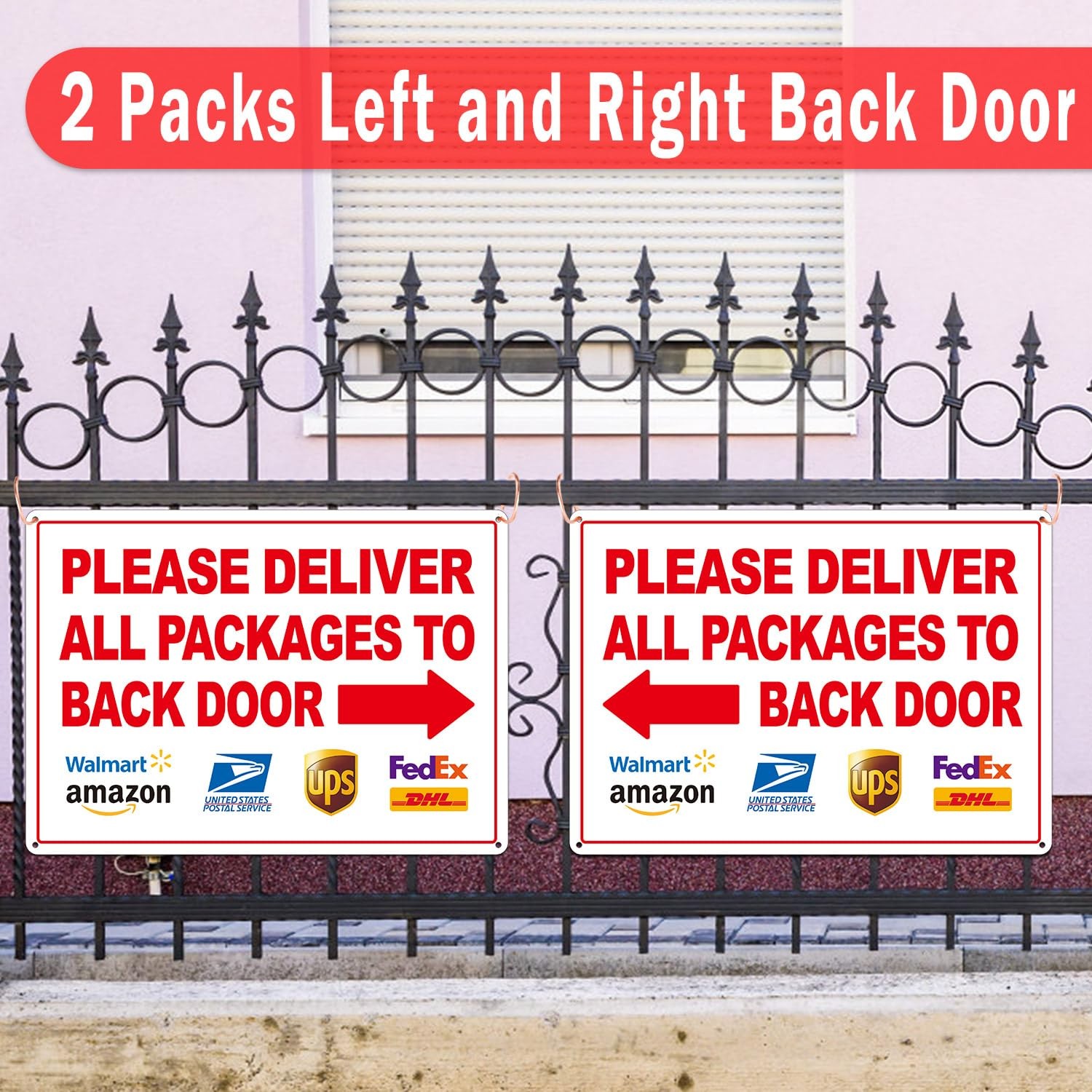 2 Pack Please Deliver All Packages to Back Door Sign Left Right Arrows