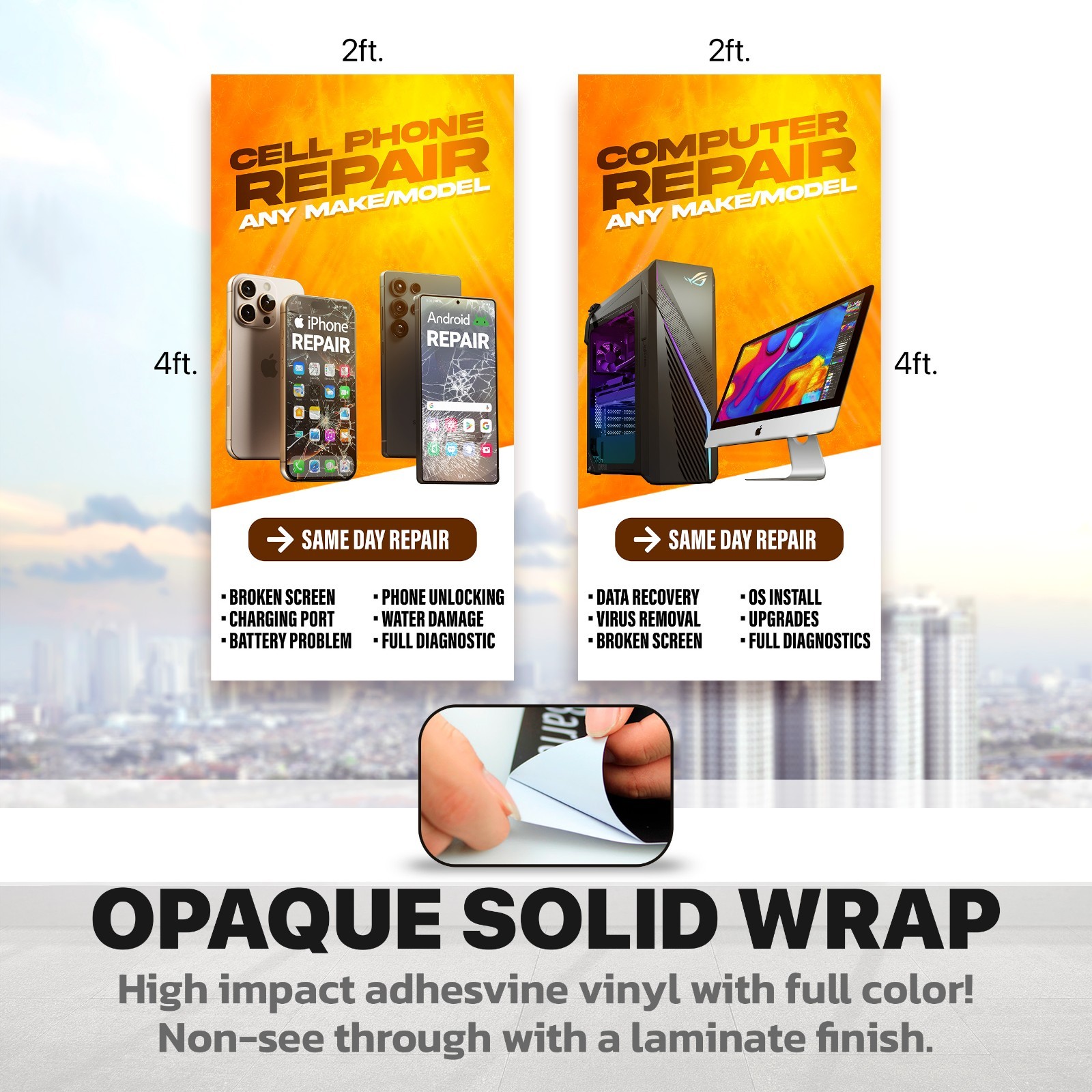 Cell Phone Computer Repair Window Wrap Decals – Set of 2 Storefront Signs Poster