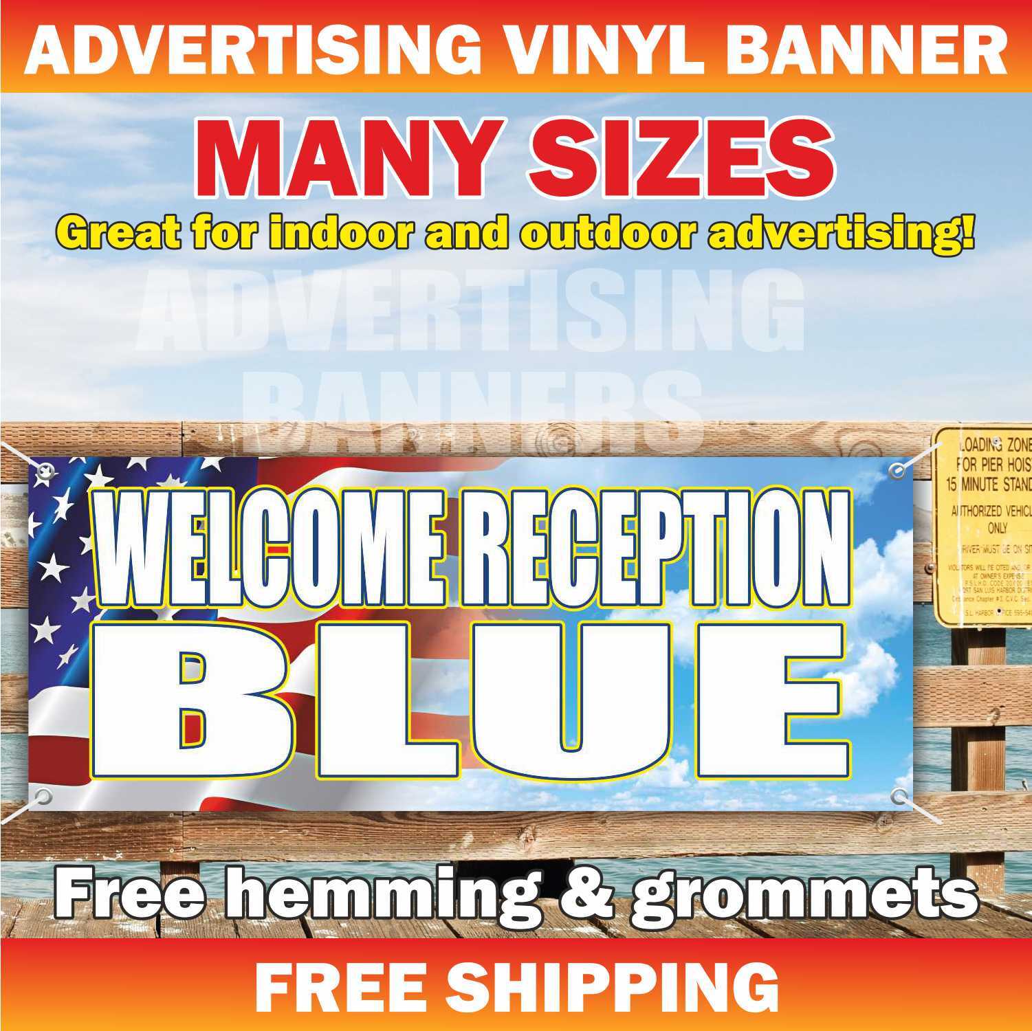 WELCOME RECEPTION BLUE Advertising Banner Vinyl Mesh Sign DIRECTIONAL Attention