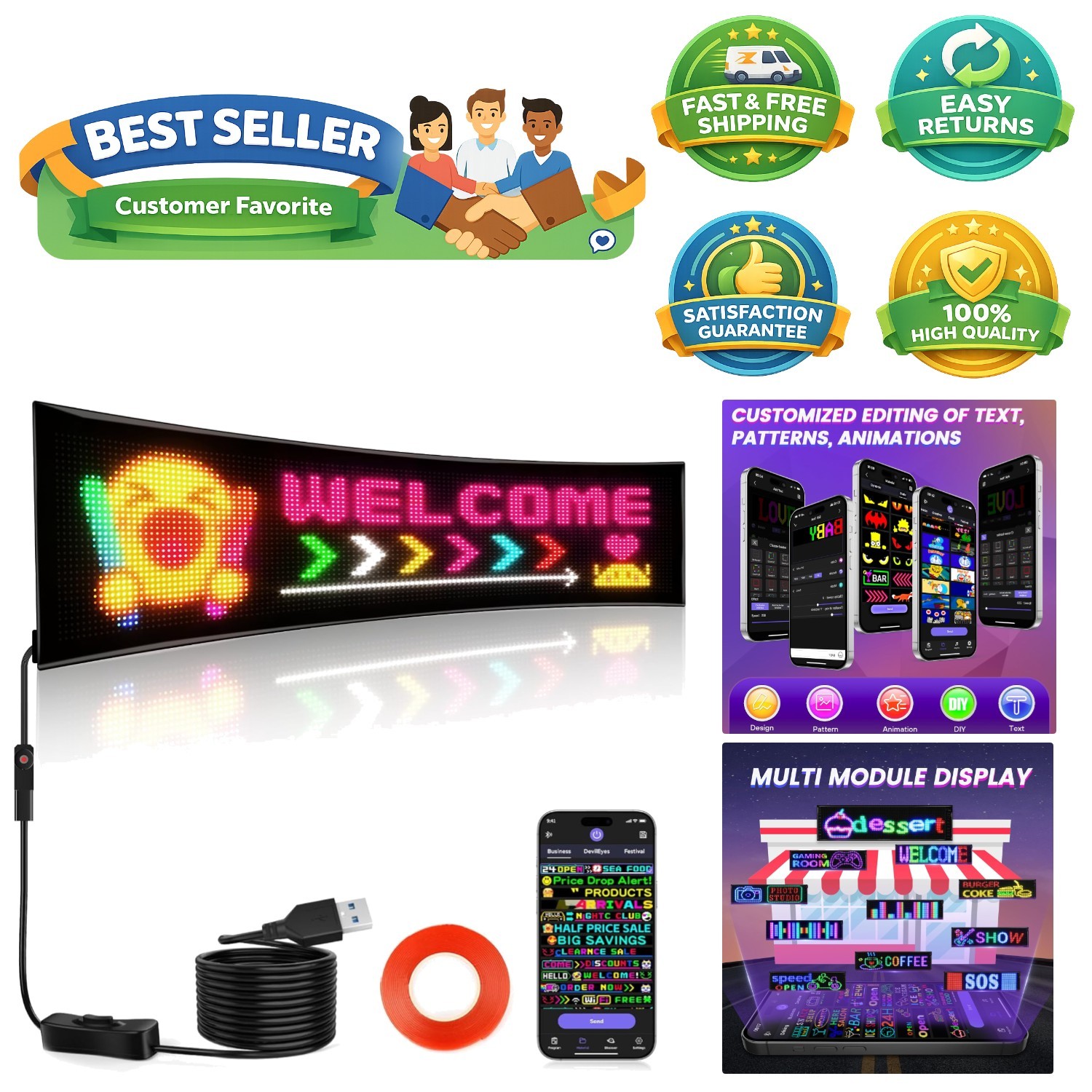 Bright 24.6”x6.3” Programmable LED Display with Bluetooth & Custom Patterns