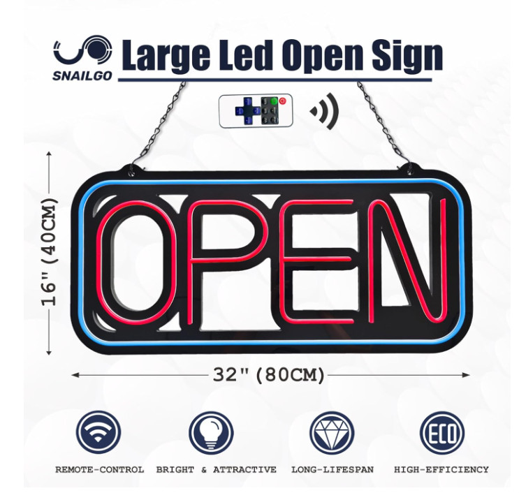 Bright LED Open Sign for Business – 32×16 Inch with Remote & Flashing Mode