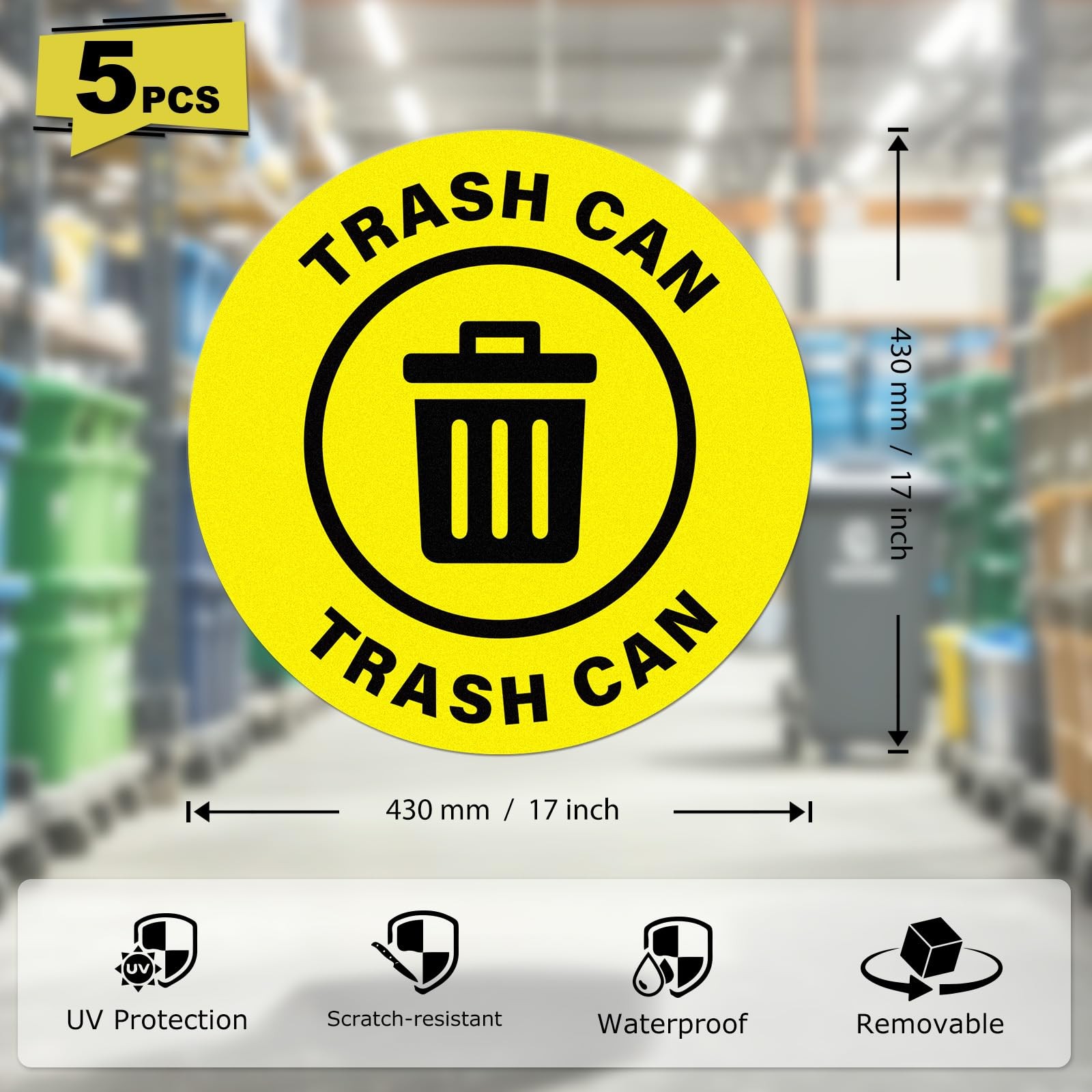 5 Pack Trash Can Sign 17×17 Inches Large Self Adhesive Sticker Caution Safety…