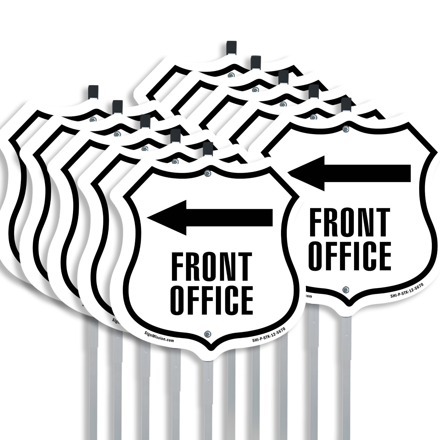 Front Office Left Shield Shaped Sign With Stake Crafted in the USA