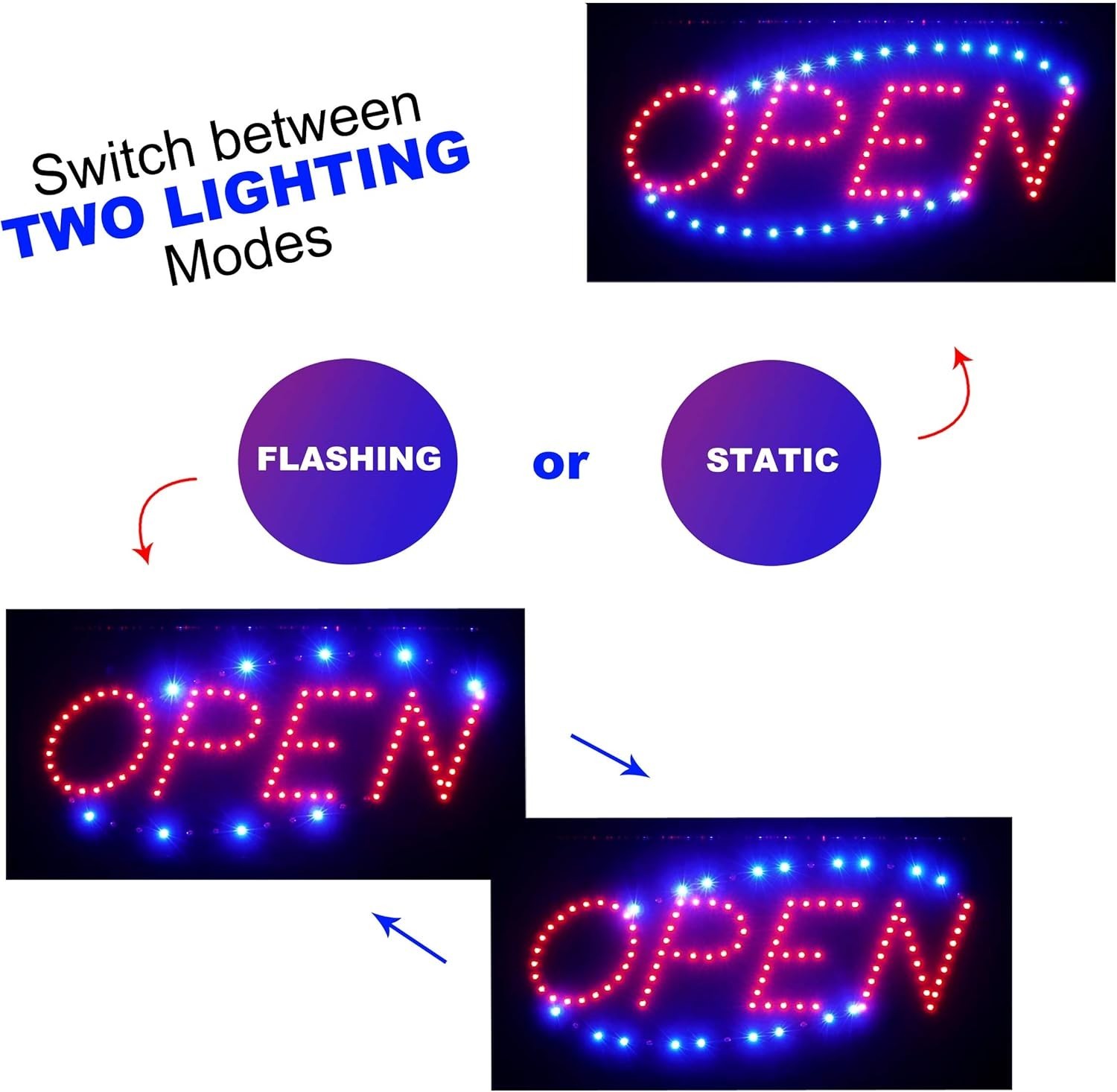 Wall Mounted LED Open Sign with Flashing Mode and Business Hours for Office