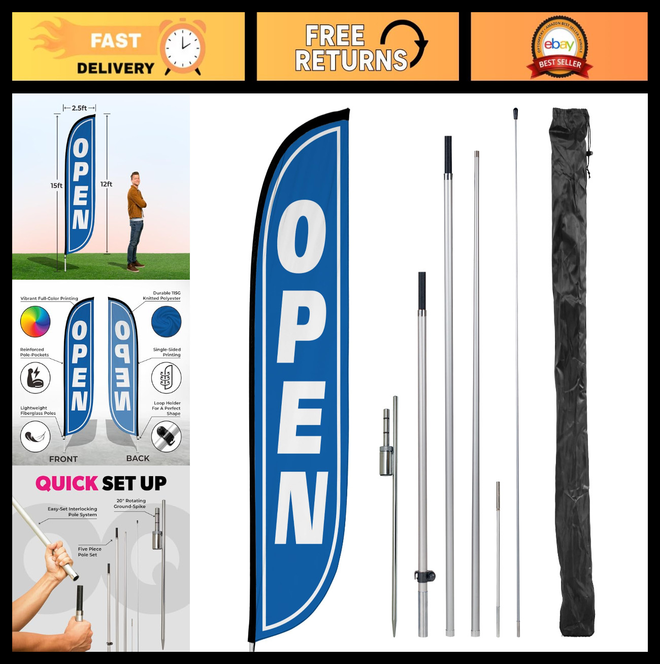 12ft Feather Flag Pole Kit – Fiberglass Banner with Ground Spike for Business Pr