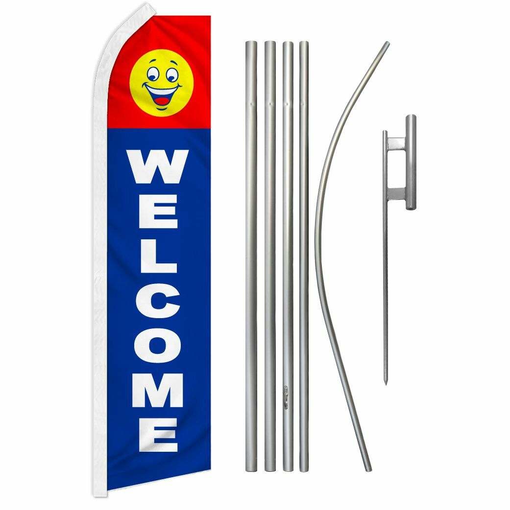 “WELCOME” Advertising Super Flag & Pole Kit happy face