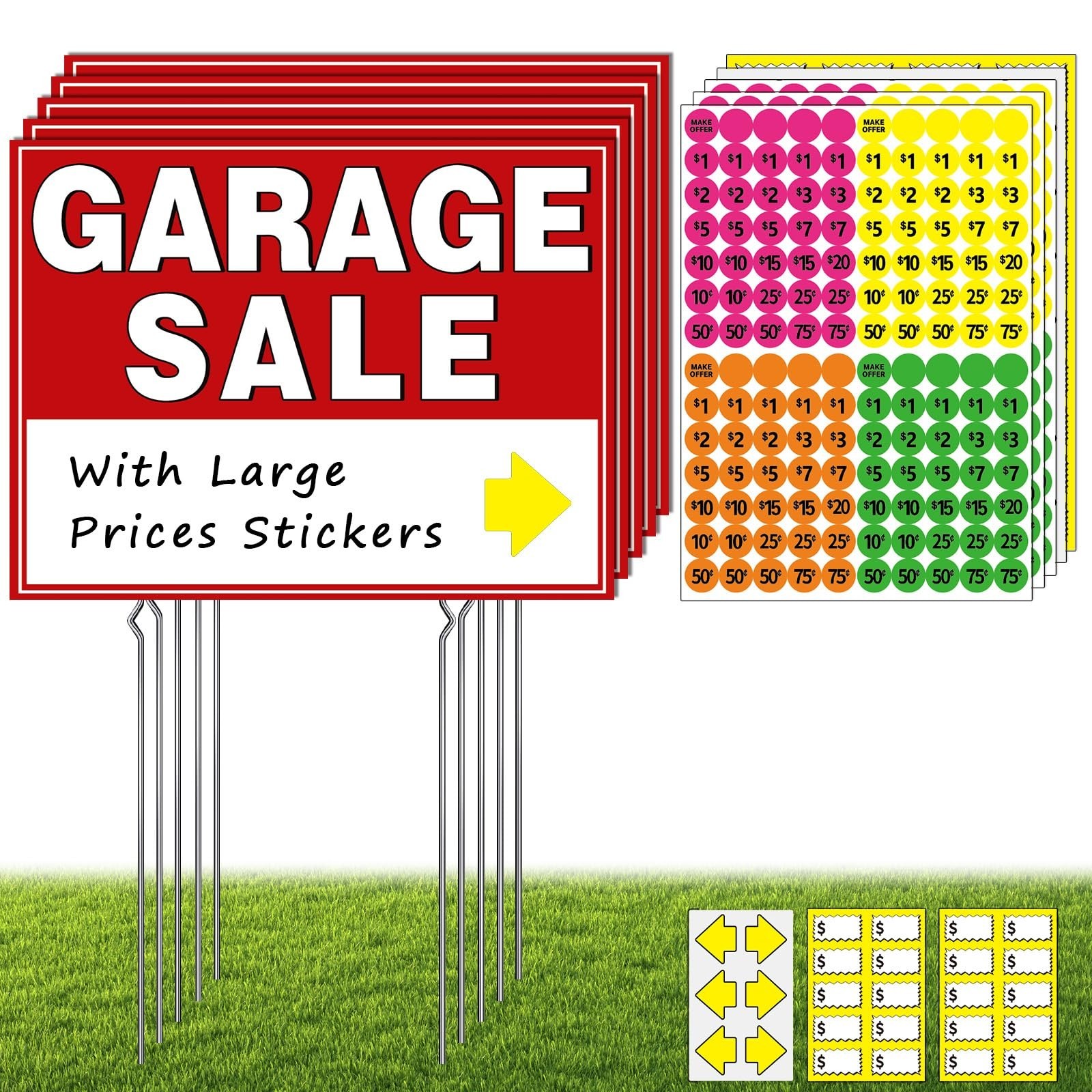 Garage Sale Kit (10 Pcs), 5 Pack Garage Sale Signs with Metal Stakes, 5 Pack …