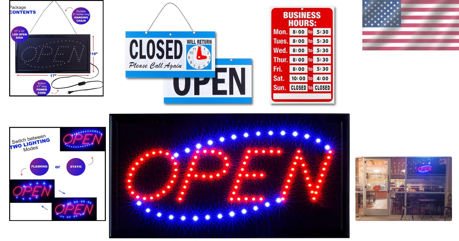 Wall Mounted LED Open Sign with Flashing Mode and Business Hours for Office