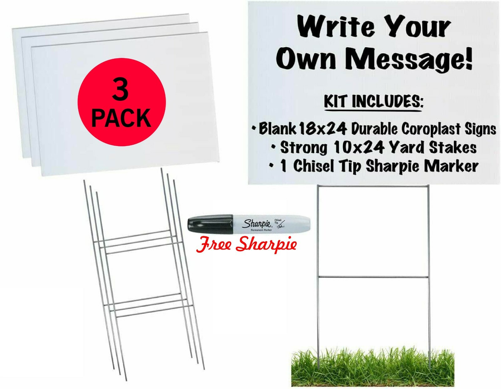 18×24 DURABLE BLANK WHITE YARD SIGN KIT 3,5,10, 50 100 W/ STAKES+FREE SHARPIES
