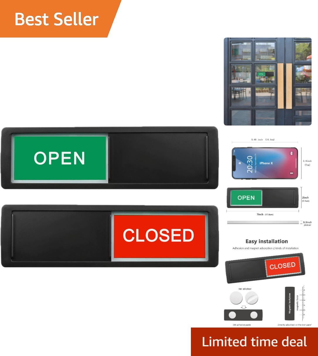 Elegant Open/Close Sliding Door Sign – Magnetic & Adhesive Option 7×2 inches