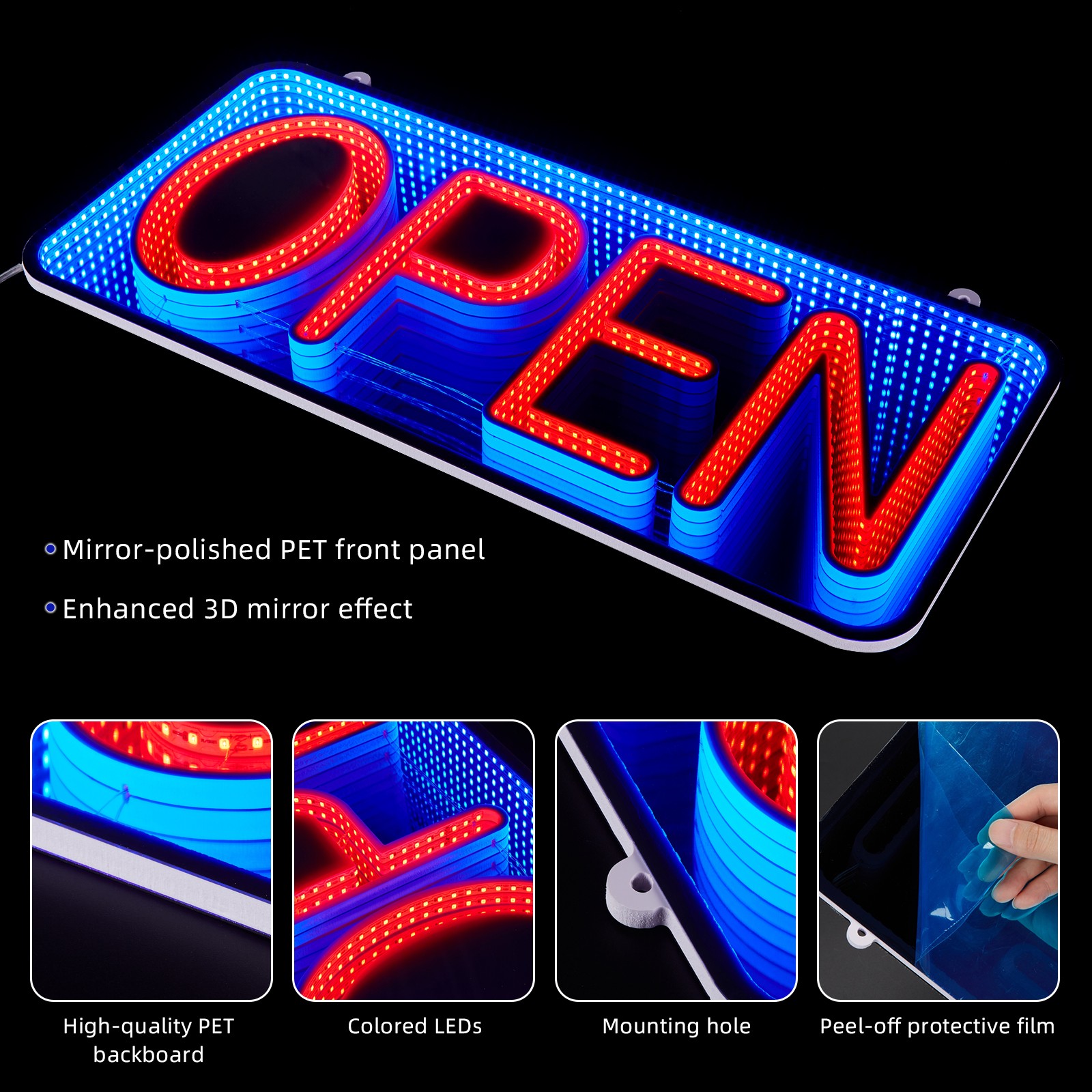 Open & Closed Neon Signs Double-Sided 3D Mirror LED Hanging Billboard Store Bar