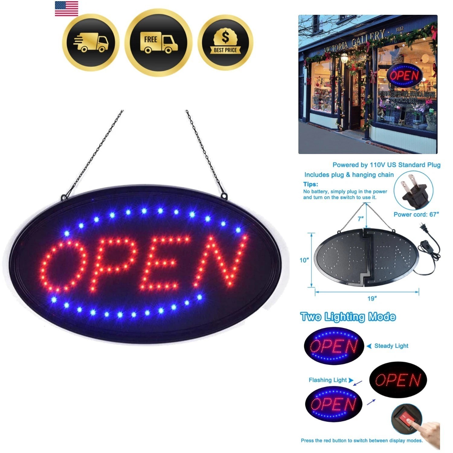 LED Open Sign, 19″x10″ Bright High Visibility Advertisement Board Electric Di…