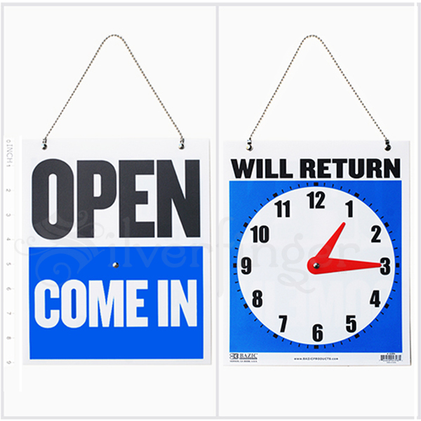 • OPEN CLOSED Sign / WILL RETURN • CLOCK : Business Hours —Hanging 2-Sided 9×7½”