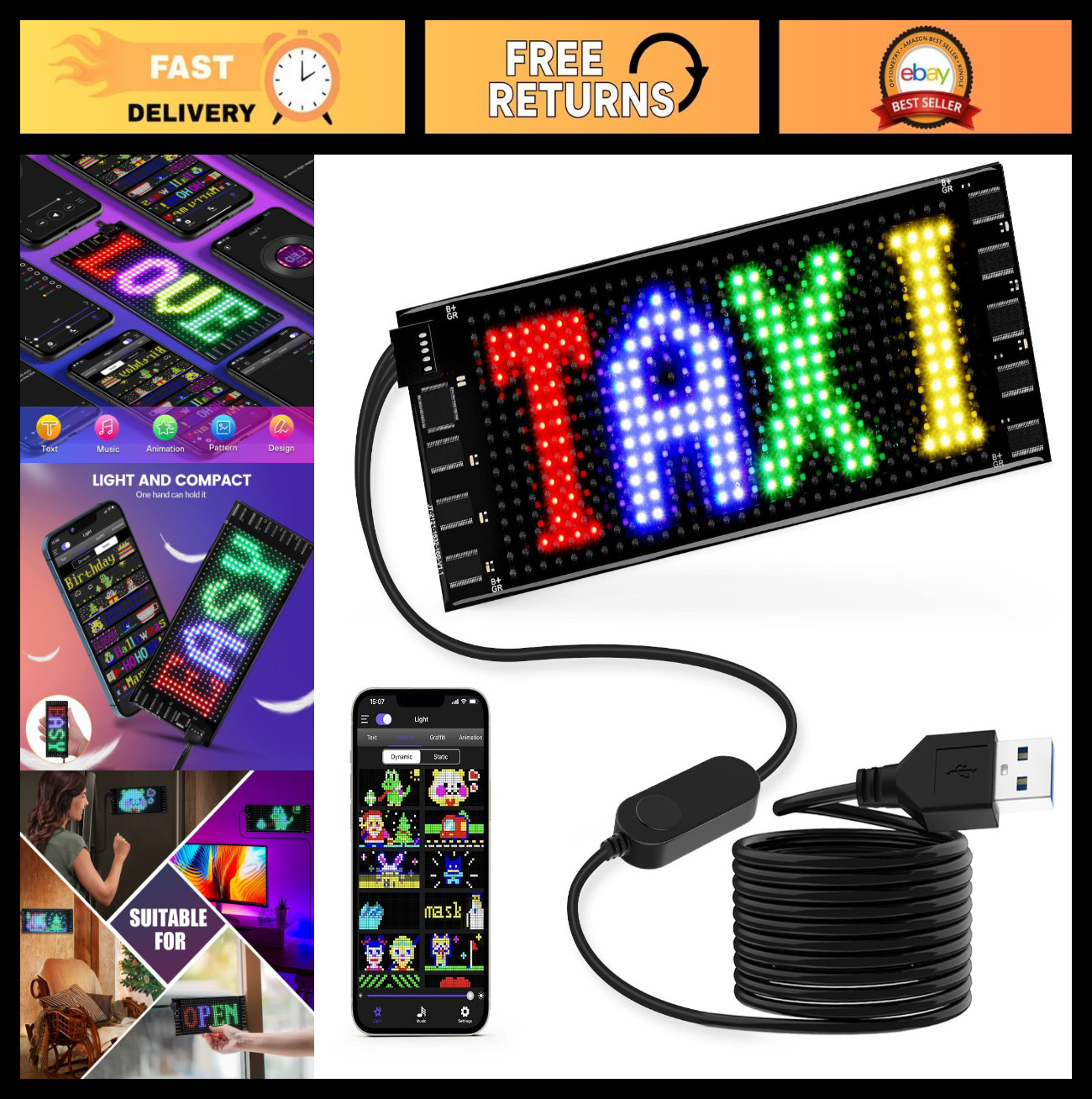 Flexible LED Matrix Sign 7″x3″ – USB Bluetooth Programmable Scrolling Display fo