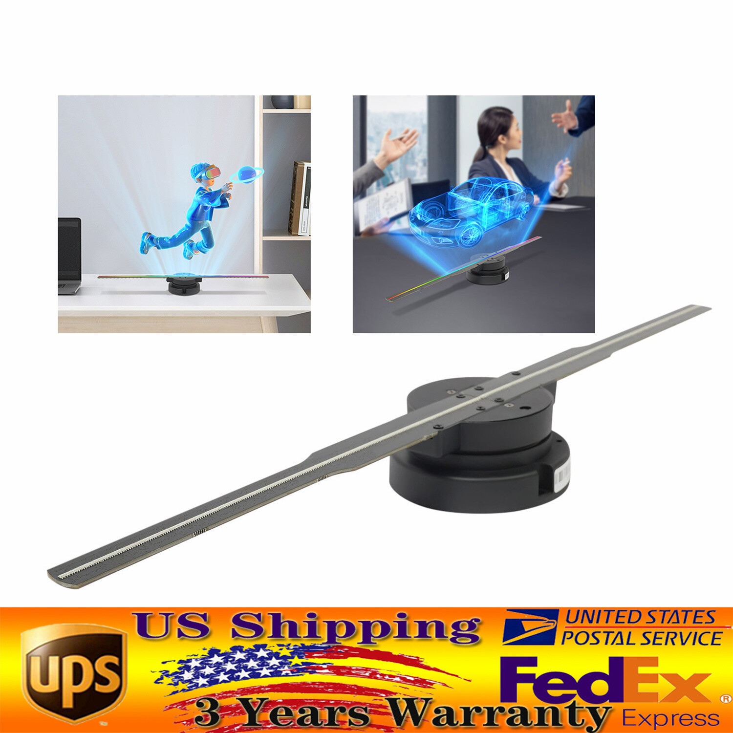 3D 1080P LED Holographic Fan Hologram Fan Projector Light RGB Sign Bar w/Control